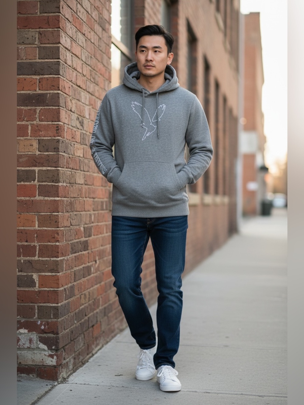 American Eagle Mens Size Small Grey Logo Hoodie Sweatshirt Minimal Casual Lounge